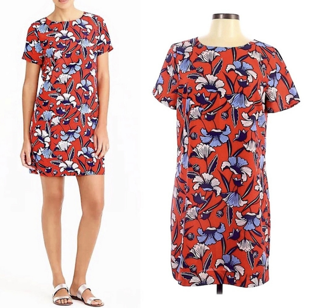 J. Crew floral red white blue short sleeve gallery shift dress size 4